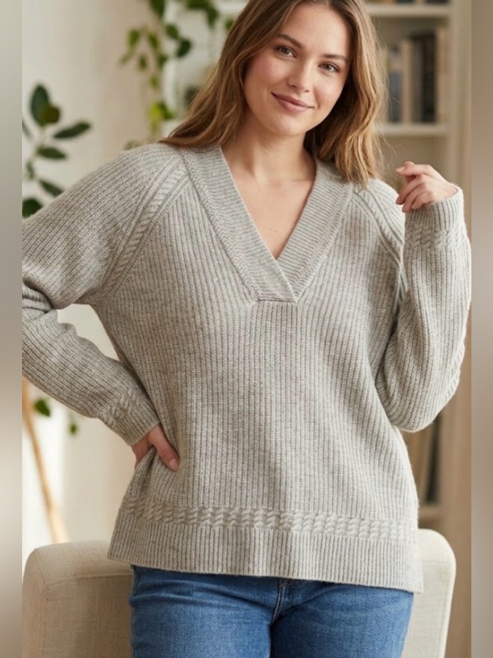 Talbots Cozy V-Neck Ribbed Sweater - Light Gray 100% Cashmere
